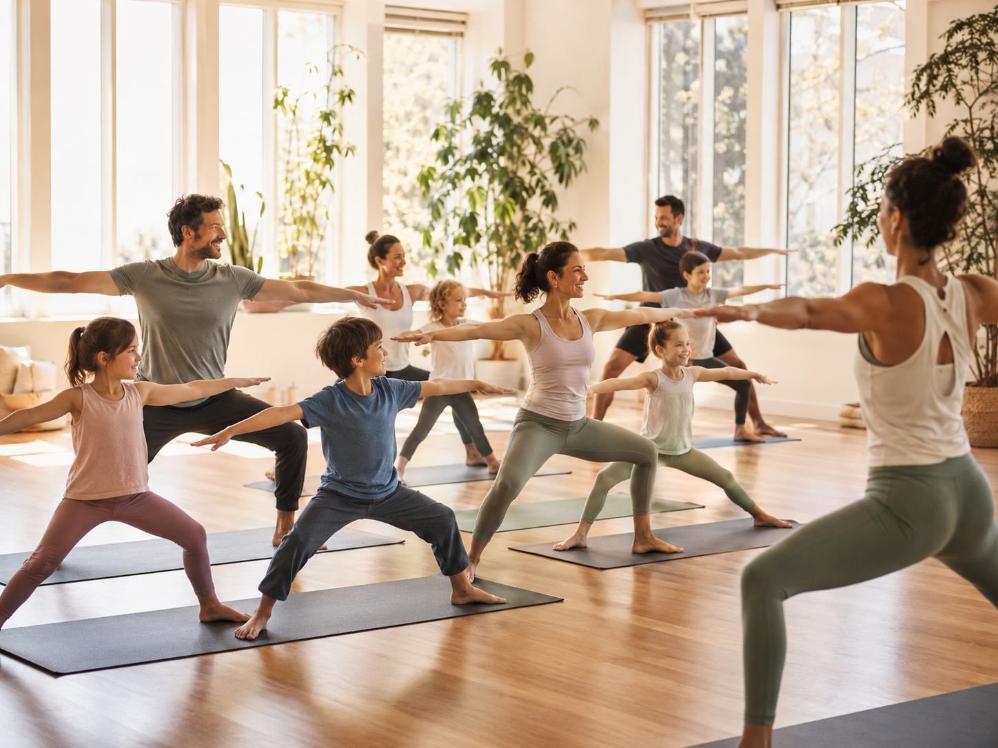 Parents and children doing yoga together in a peaceful studio
