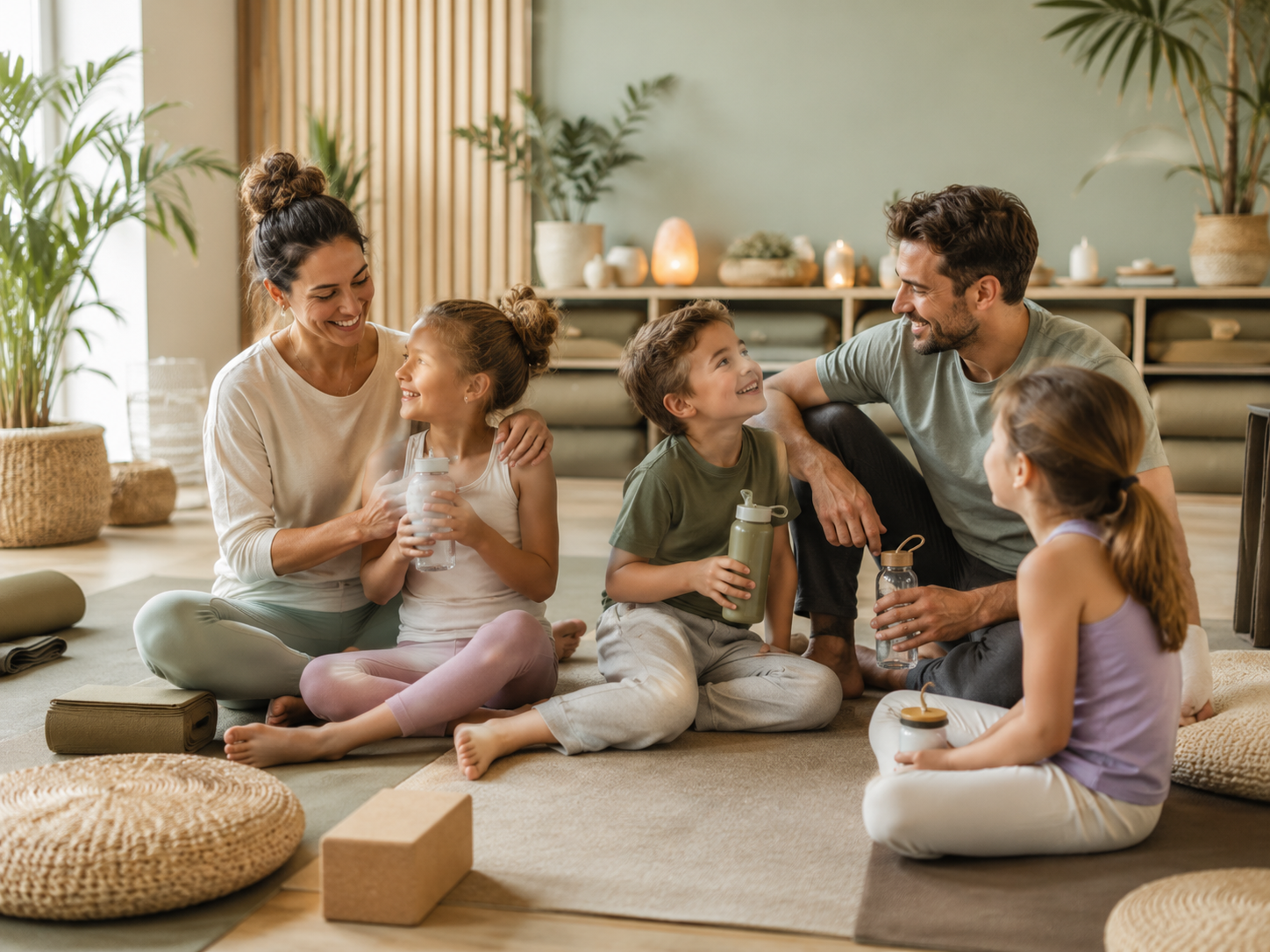 Family relaxing together after yoga in a cozy wellness studio